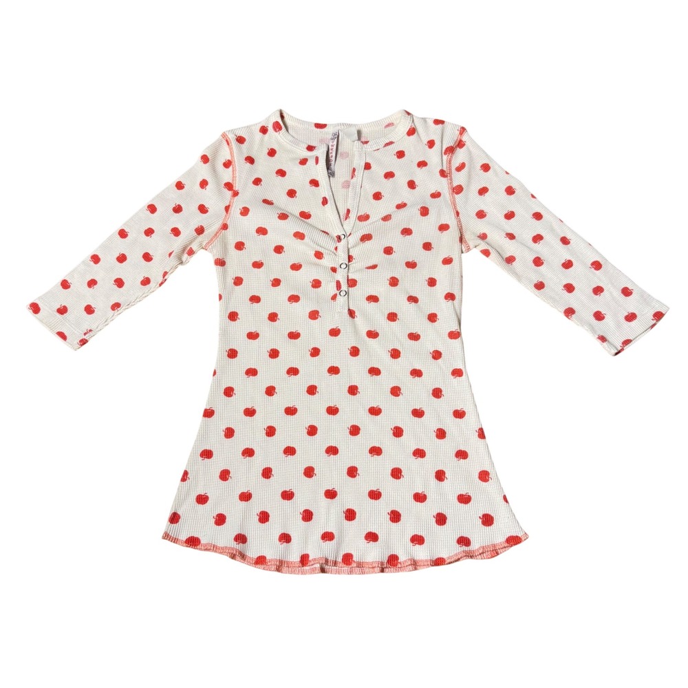 Red Apple Print Henley Cream Long Sleeve
